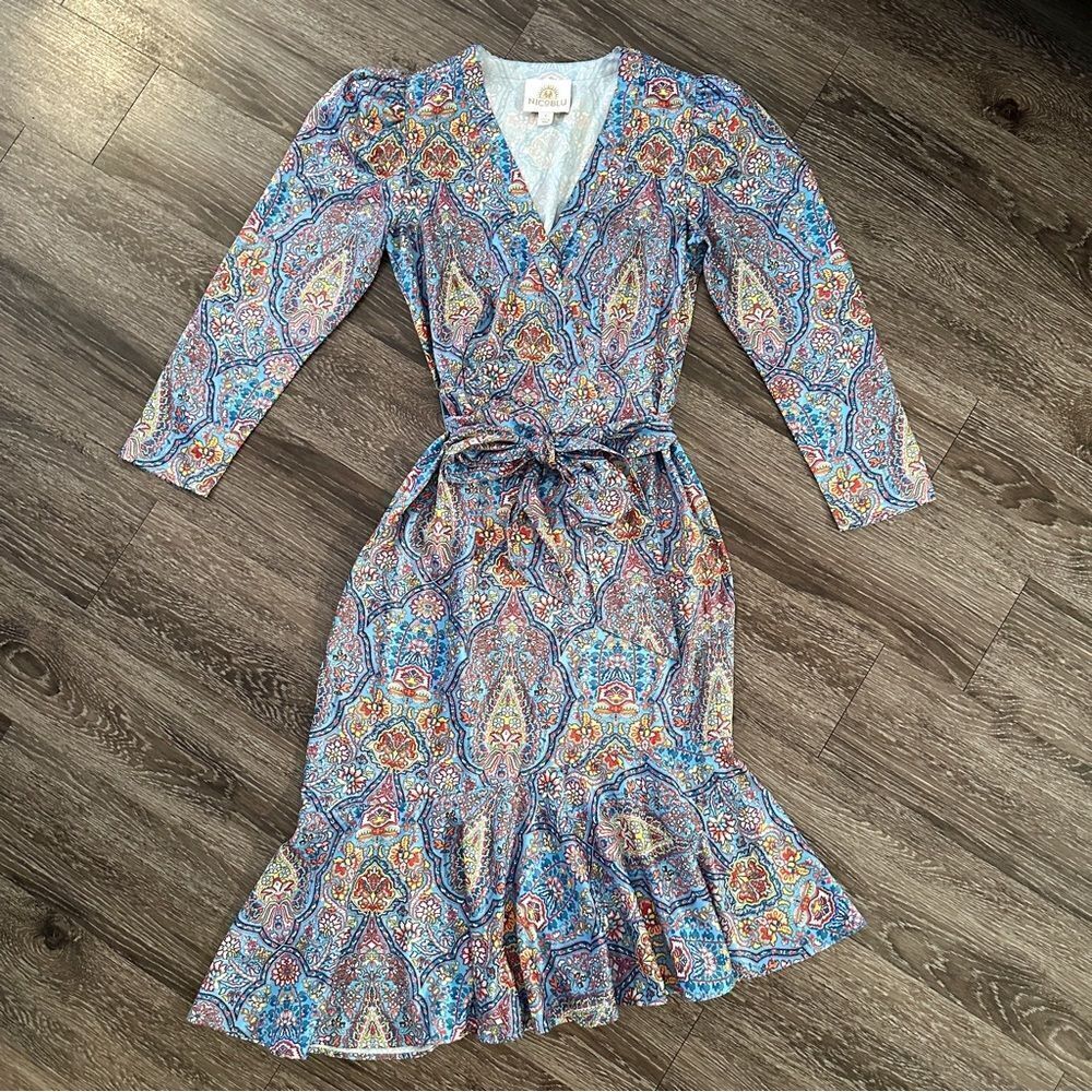 Nicoblu Marielle Midi Ruffle Dress In Kaleidoscope Paisley New